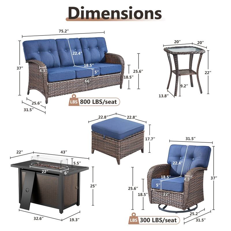 TWrap Wicker Patio Iron Fire Pit Conversation Set with 3-Seat Sofa & Swivel Gliders