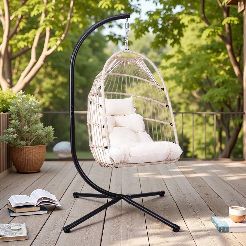 HDPE Egg Hanging Chair with Stand - 350lb Capacity Indoor/Outdoor Swing Chair, Includes Cushion and Adjustable Chain - Light Gray,Off White