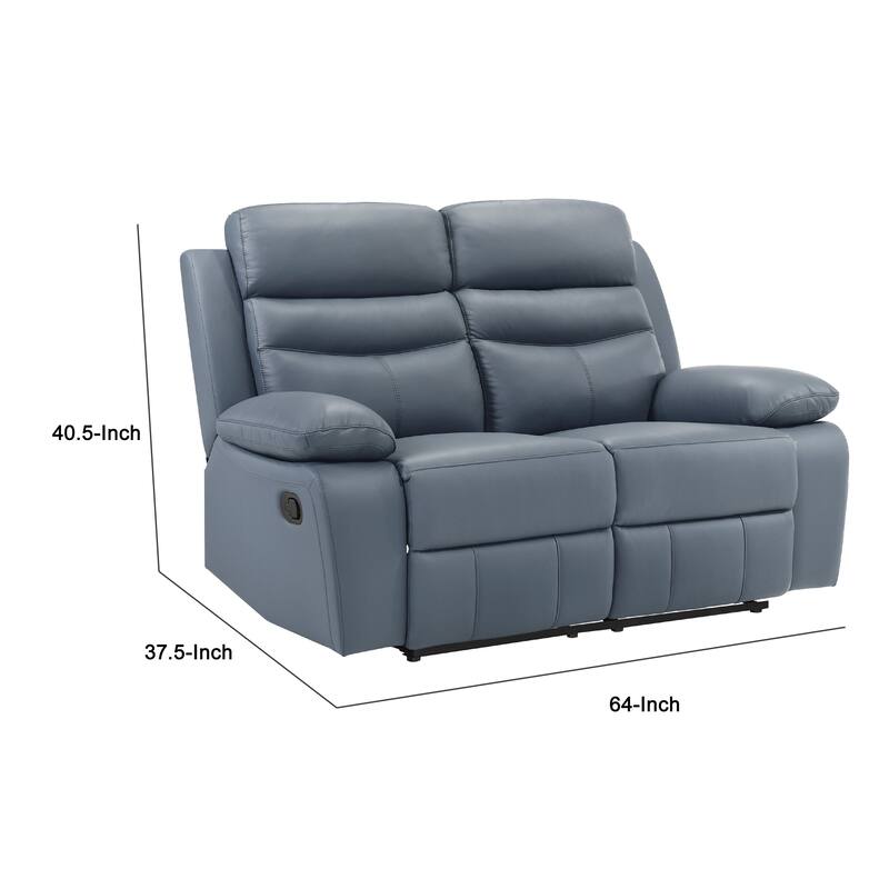 Hanna Manual Double Reclining Loveseat, Blue Top Grain Leather 64 Inch