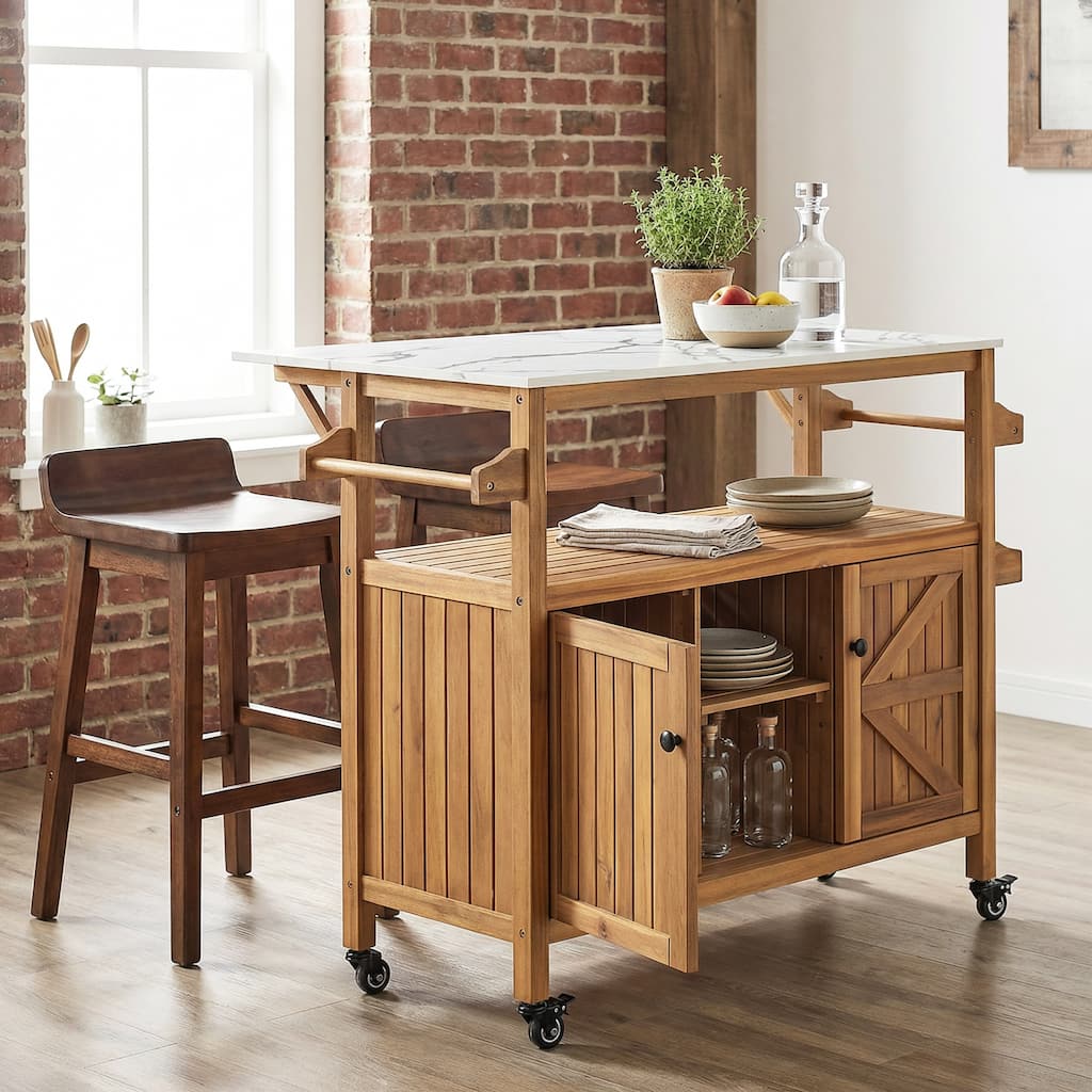Christopher Knight Home - Murphy Outdoor/Indoor Acacia Wood Patio Bar Cart with Marble-Effect Top and Storage Cabinets