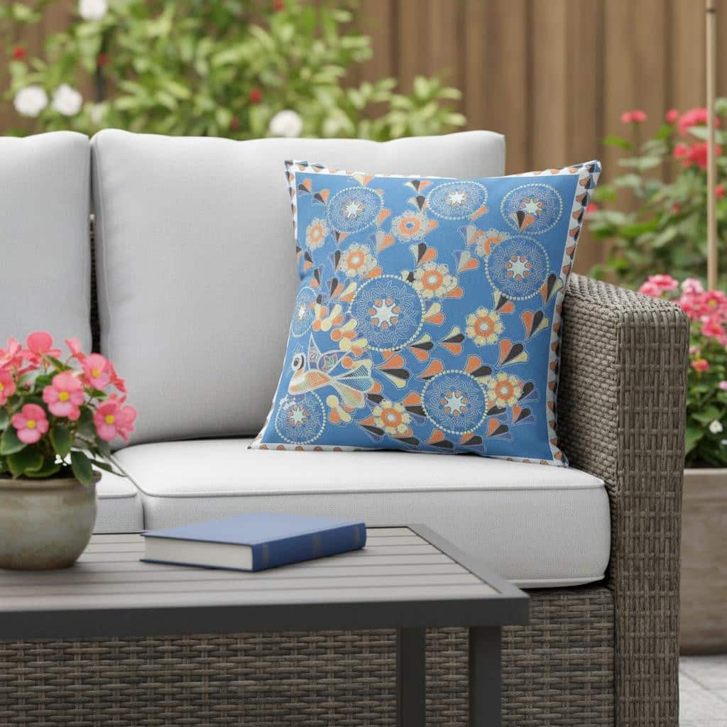 HomeRoots 16" x 16" Blue and Orange Peacock Blown Seam Floral Indoor Outdoor Throw Pillow - 16.00' X '5.00' X '16.00