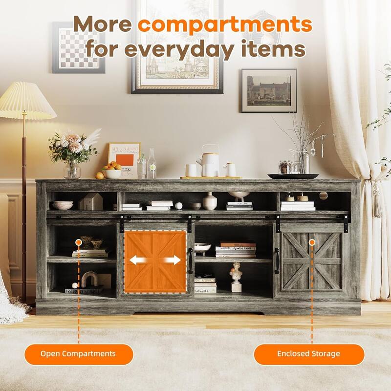 66" Farmhouse TV Stands, Entertainment Center with Open Storage, Power Outlets - N/A