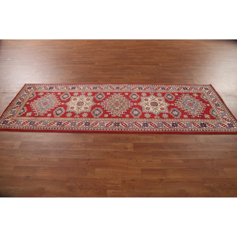 Geometric Red Kazak Runner Rug Hand-Knotted Wool Carpet - 2'9" x 8'0"