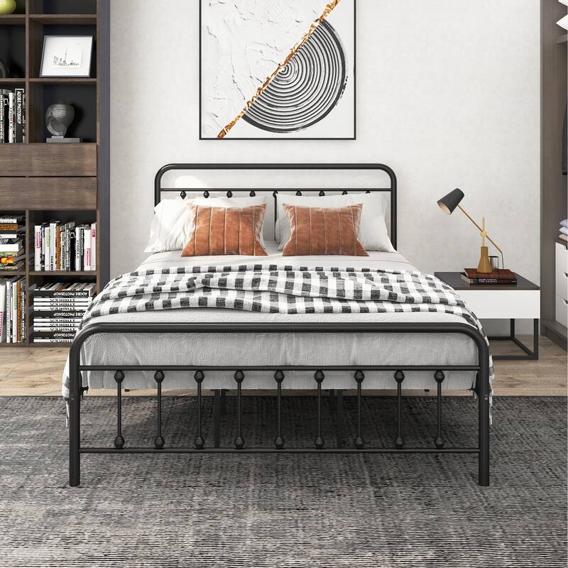 FULL Metal Platform Bed Frame with Headboard / Strong Slat Support / No Box Spring Needed / Easy Assembly BLACK
