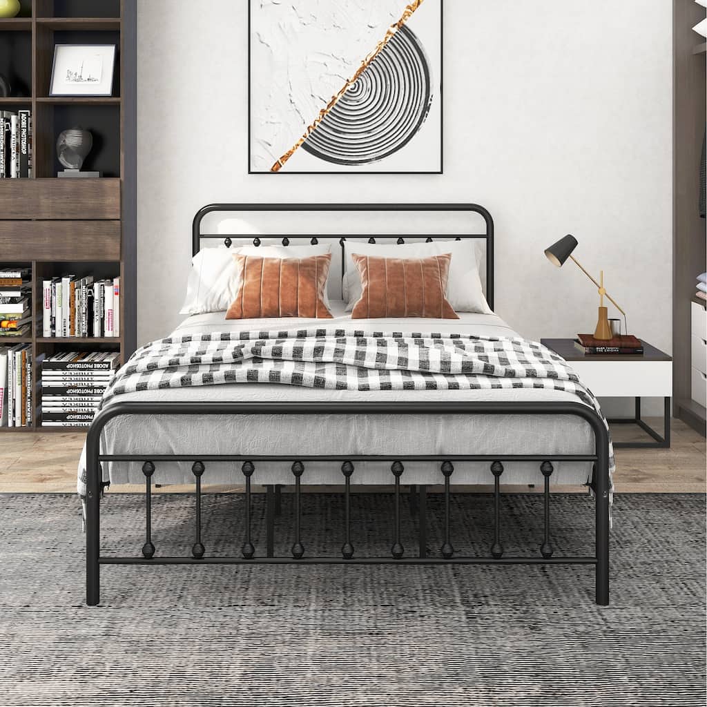 Metal Bed Frame Platform No Box Spring Needed With Vintage Headboard And Footboard Premium Steel Slat Support