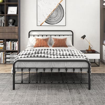 Metal Platform Bed Frame, Victorian Style Headboard/Footboard/Under Bed Storage/No Box Spring Needed/Queen Size Black