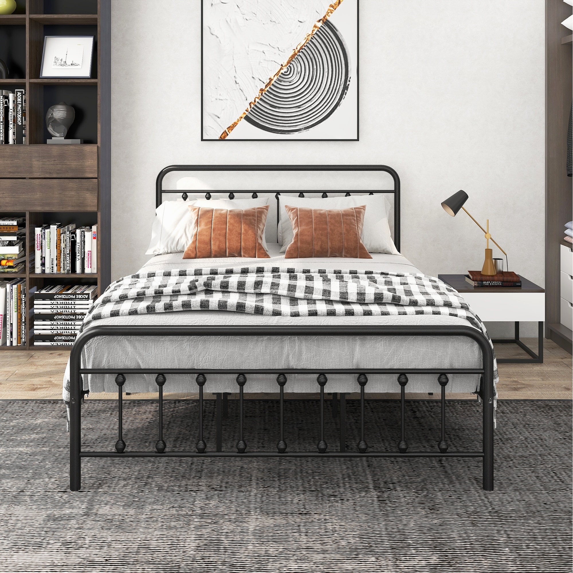 Metal Platform Bed Frame, Victorian Style Headboard/Footboard/Under Bed Storage/No Box Spring Needed/Queen Size Black
