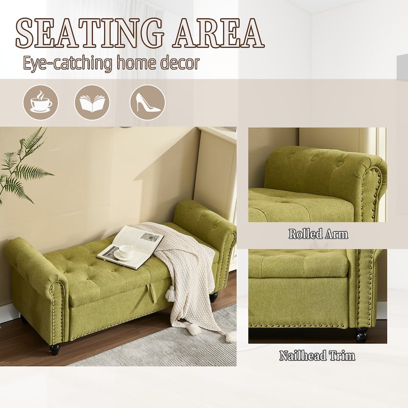 Upholstered Storage Ottoman Bench - Button Tufted Linen Ottoman with Hidden Storage for Living Room or Bedroom