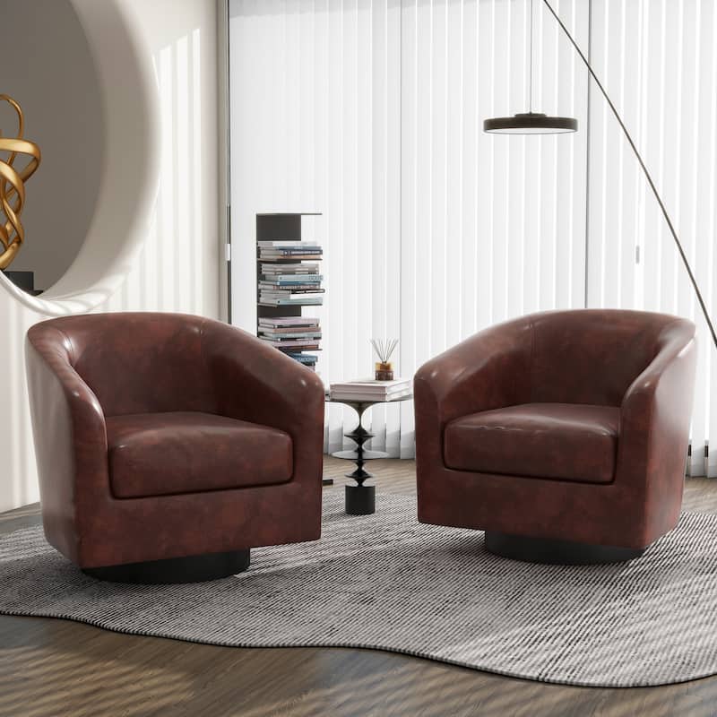 Modern Round Swivel Accent Chair Set of 2 Barrel Chair for Living Room - Faux Leather - Red Brown/PU