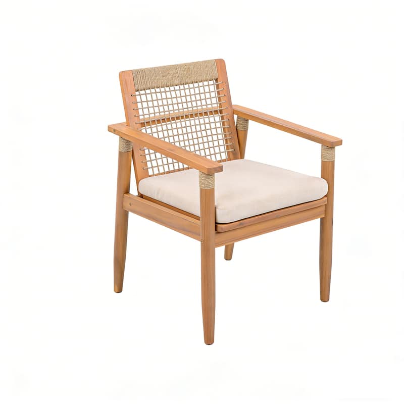 Christopher Knight Home - Caldera Outdoor Acacia Wood Patio Dining Chairs with Rope Woven Backrest and Cushions, Set of 2