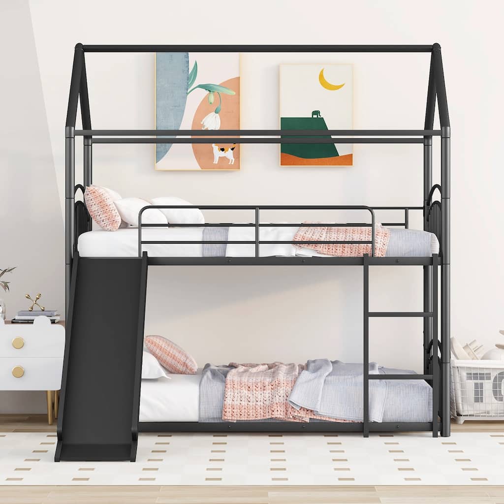 Kids House Bed, Twin Over Twin Metal Bunk Bed Convertible 2 Twin Beds