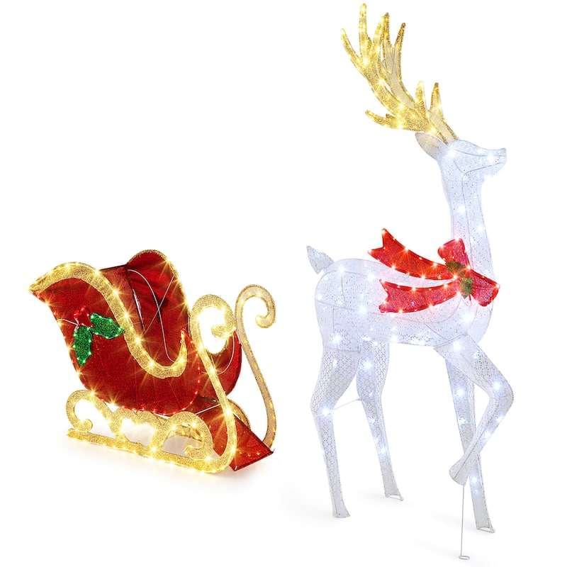 Gymax Lighted Christmas Reindeer & Sleigh Set Light-up Xmas - Multi - See Details