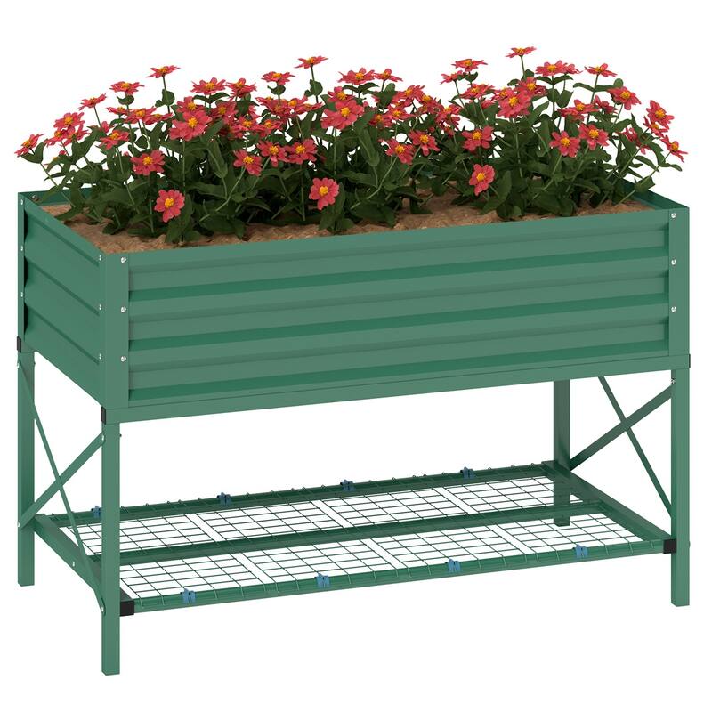 Galvanized Steel Elevated Raised Garden Planter with Storage Shelf - 41.75" L x 21.25" W x 30" H - Green
