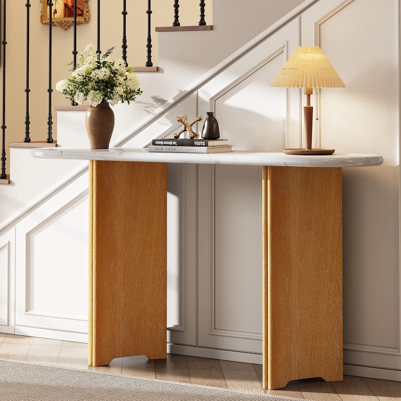 Narrow Console Table, Entryway Table with Oval Marble Top, Rustic Sofa Table with Curved Legs, Hallway Accent Table