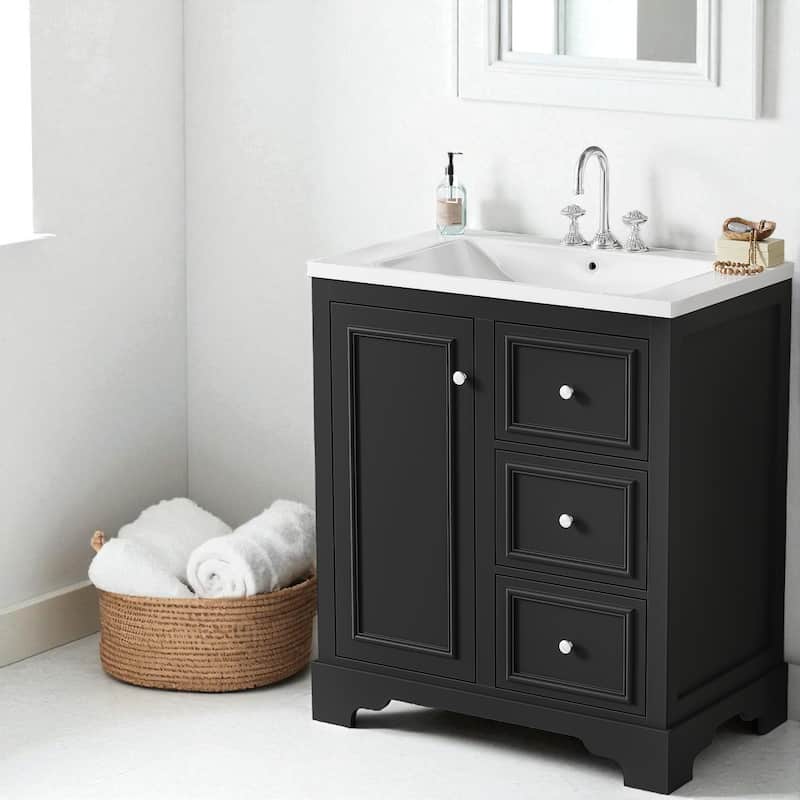 30 Inch Bathroom Vanity with Ceramic Sink, 3 Soft Close Drawers, Adjustable Shelf and Solid Wood Frame