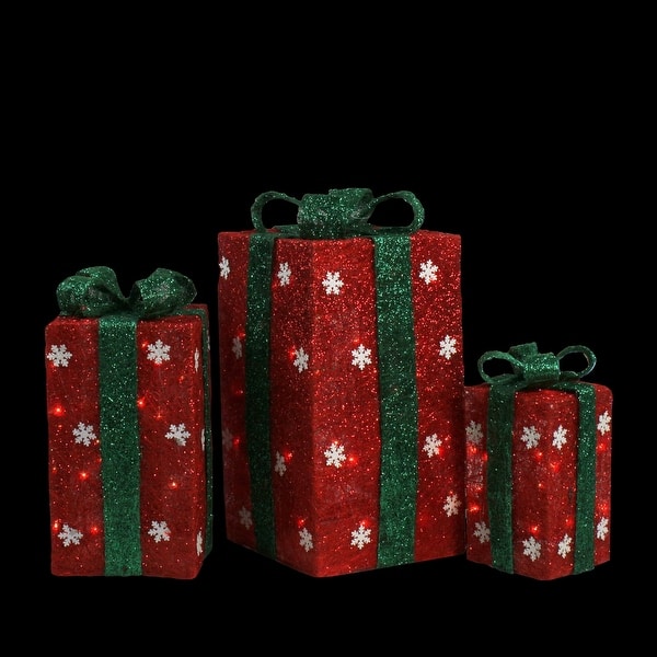 Set of 3 Lighted Green Gift Boxes with Red Bows Outdoor Christmas