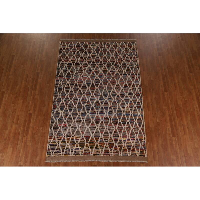 Hand Knotted Oriental 100% Wool Carpet Modern All-Over Black Moroccan Area Rug - 9' 7'' X 6' 3''