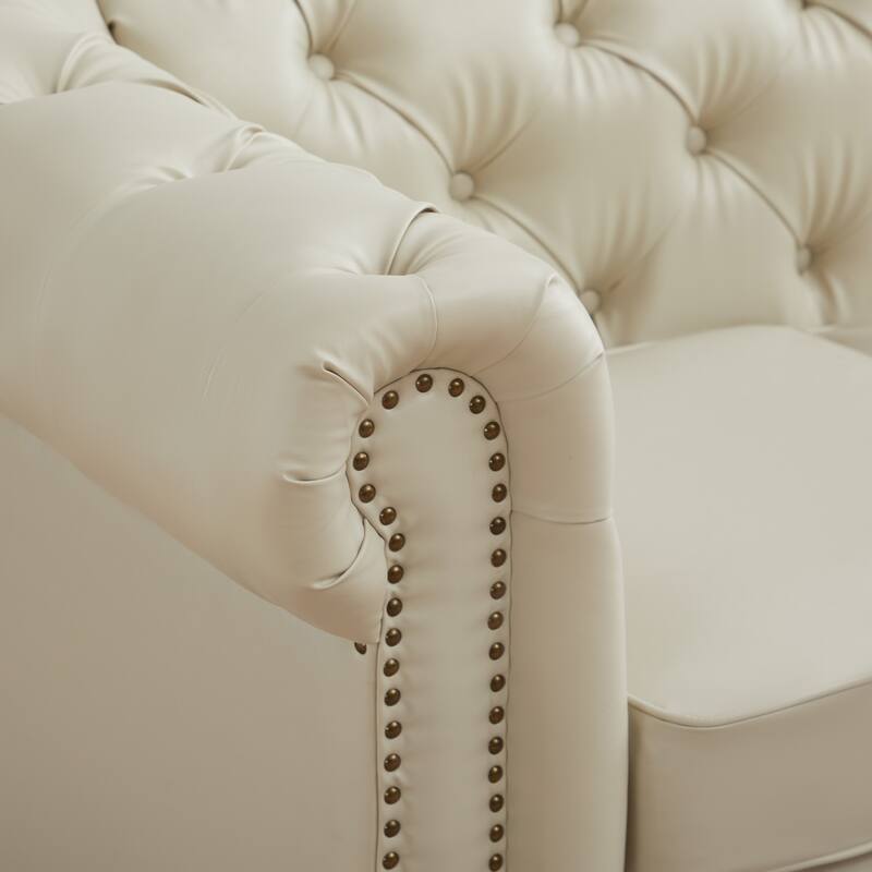 Vintage PU Button-Tufted Sofa Couch, Flared Arms, Rubberwood Legs & Nailhead Trim