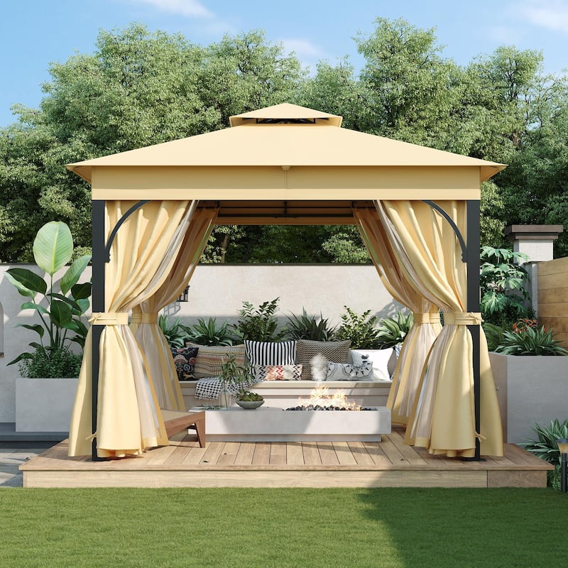 Outdoor Gazebo Tent with Double Roof, Mosquito Netting & Privacy Screens - Beige - 10 x 10