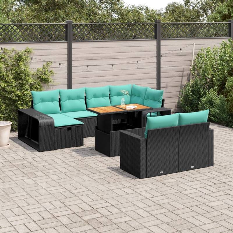 vidaXL Patio Sofa Set with Cushions Sectional Couches 11 Piece Poly Rattan - Black and blue  Wood