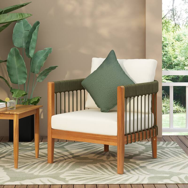 Acacia Wood Outdoor Club Chair with Handwoven Rope Accents & Curved Backrest - Water-Resistant with Removable Cushions - Beige