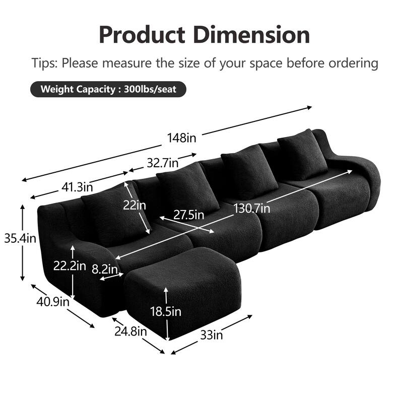 Anmytek Modern Plush L-Shaped 4-Seat Chaise Boneless Sofa - Teddy Fabric, 32D High Density Sponge, No Assembly