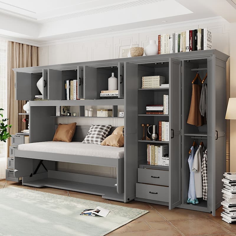 Versatile Twin Size Murphy Bed Fold-down Storage Wall Bed with Temporary Desk, Top Cabinets, Side Wardrobe, Drawers and Shelves