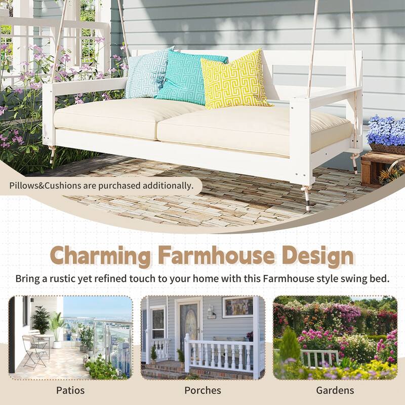 Patio Wooden Twin Size Porch Swing Daybed Frame with 4 Hanging Ropes for Backyard and Outdoor Use