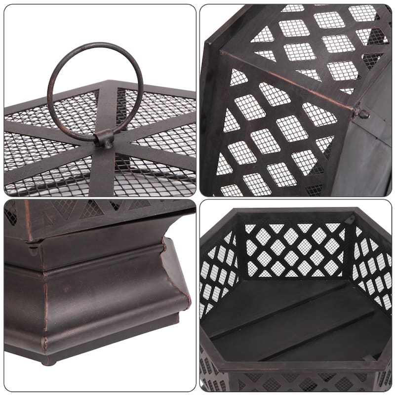 22" Outdoor Hexagonal Shaped Iron Brazier Wood Burning Fire Pit