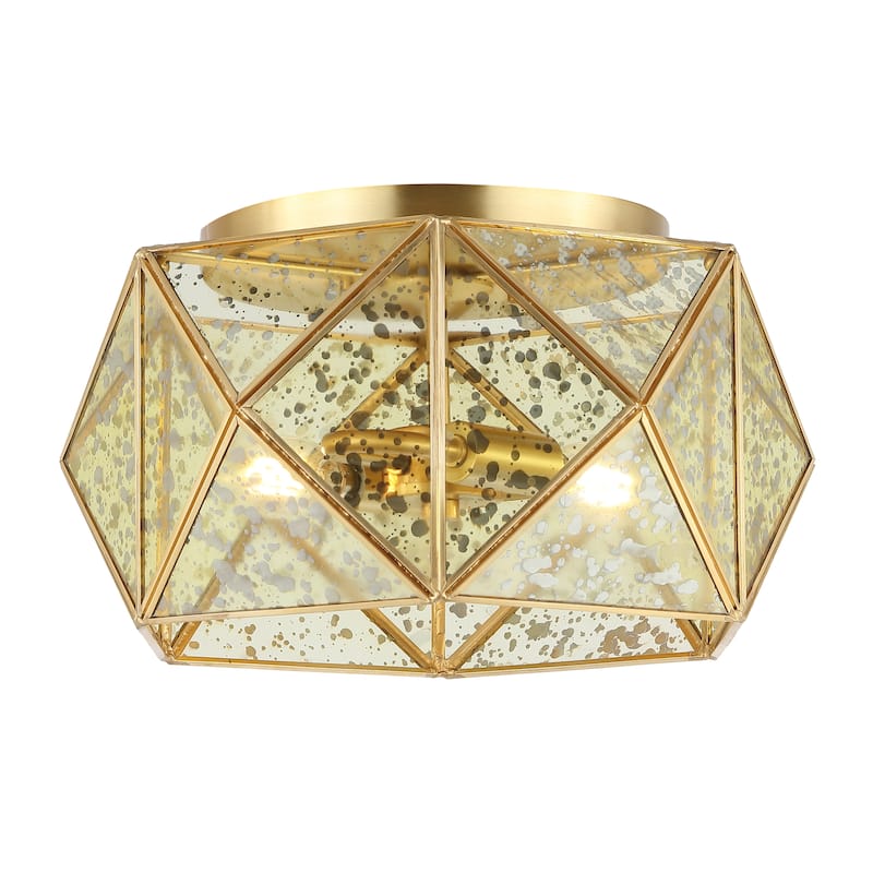 Theo 12.5" 2-Light Industrial Vintage Iron/Glass LED Flush Mount, Brass Gold by JONATHAN Y - 2 Light
