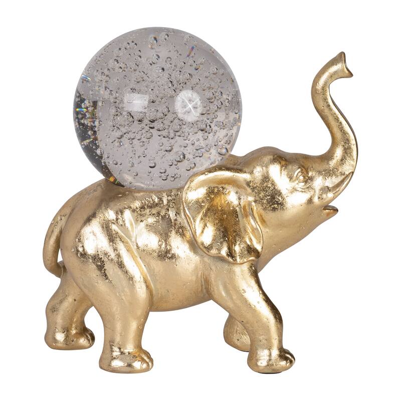 Sagebrook Home Gold Resin 9-Inch Elephant With Crystal Ball - Enchanting Polyresin Sculpture Decor Piece - 9" x 5" x 9"