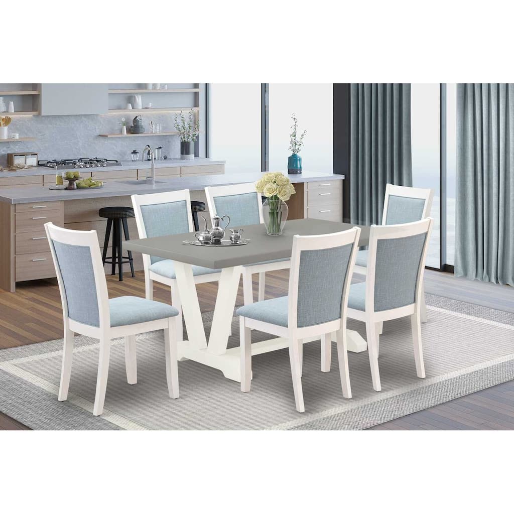 HomeStock 7-Piece Wire Brushed Linen White Finish Solid Wood Top Dining Table with 6 Parson Chairs