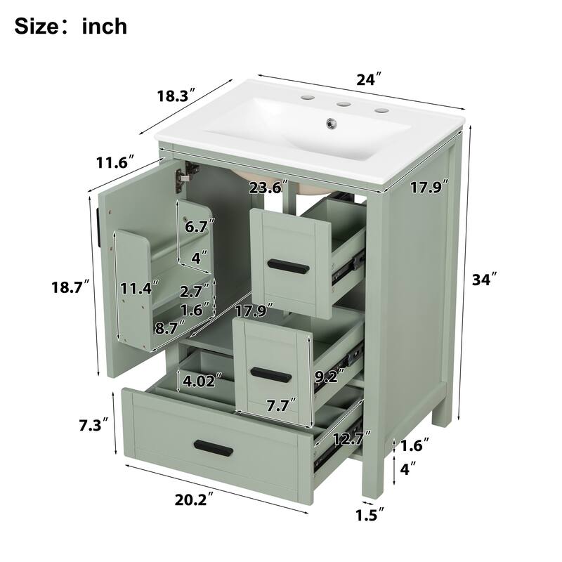 24" Bathroom Vanity with Ceramic Sink, Soft-Close Door, Double-Shelf Storage & 3 Drawers, Solid Wood Frame