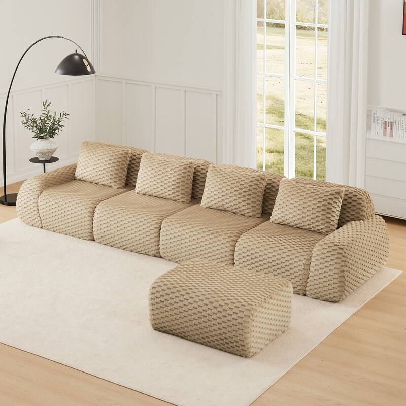 Oversized Modular Sectional Sofa with Movable Ottoman, 4 Seat Modern Flannelette Fabric Sofa Set Floor Armrests Sofa