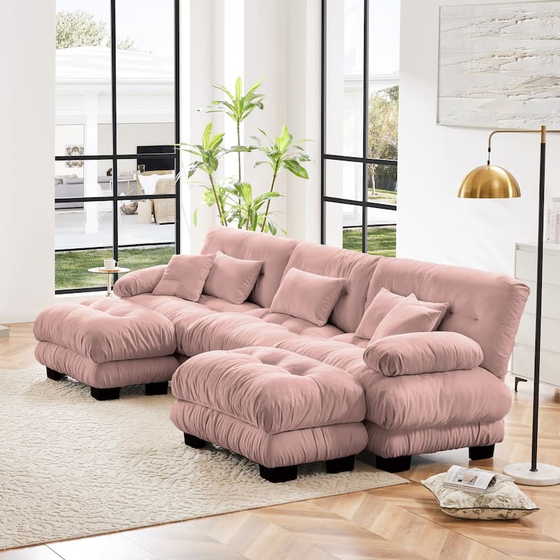 Anmytek Pink Chenille Modular U-Shaped Sectional Sofa with Two Ottomans Deep Seat Oversized Cloud Couch