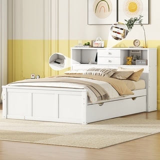 Full Size Wooden Platform Bed with Twin Size Trundle, USB Ports, 3-Drawers & Upper Shelves - Stylish White Design for Bedroom