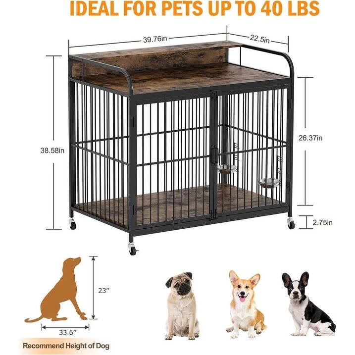 Large Dog Kennel Crate Furniture with 360° Adjustable Elevated Feeder Wheels
