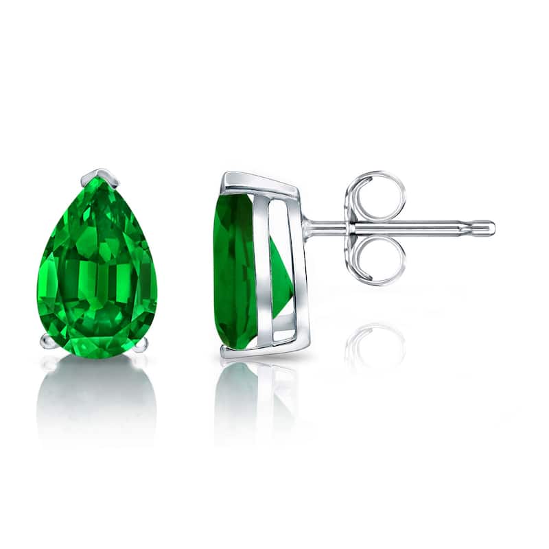 Auriya 14k Gold Lab Grown Gemstone Green Emerald Stud Earrings Pear 0.25 to 5.00 ct. tw. V-End Prong Push-Back - 1.00ct tgw. - White