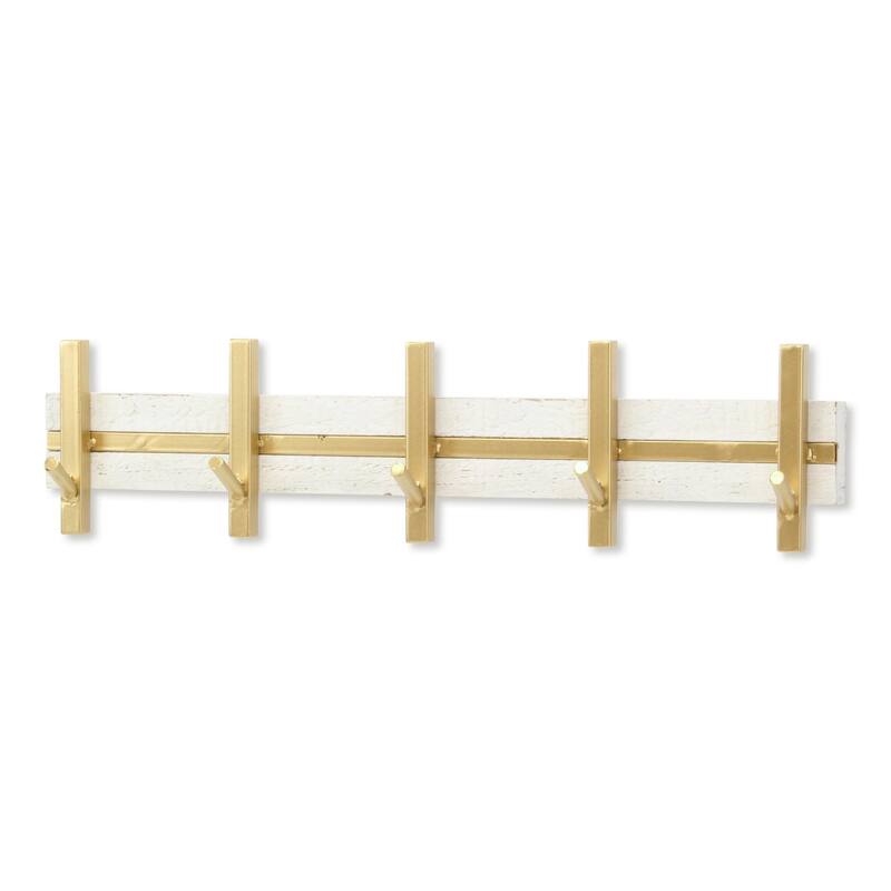 Handcrafted Five Hook Coat Rack - 21.75" - White and Gold