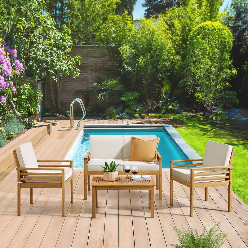 Alaterre Furniture Okemo Weather-Resistant Acacia Wood Outdoor 4pc Furniture With 2 Seater Couch, 2 Dining Chairs And Side Table