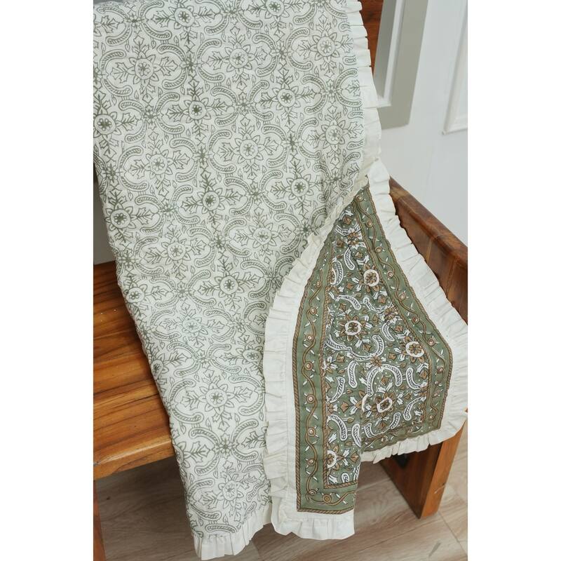 Fabdivine Luxury Hand Block Print Cotton Quilt Floral Boho Bedding for Bedroom & Sofa, Green White Handmade Reversible Bedspread