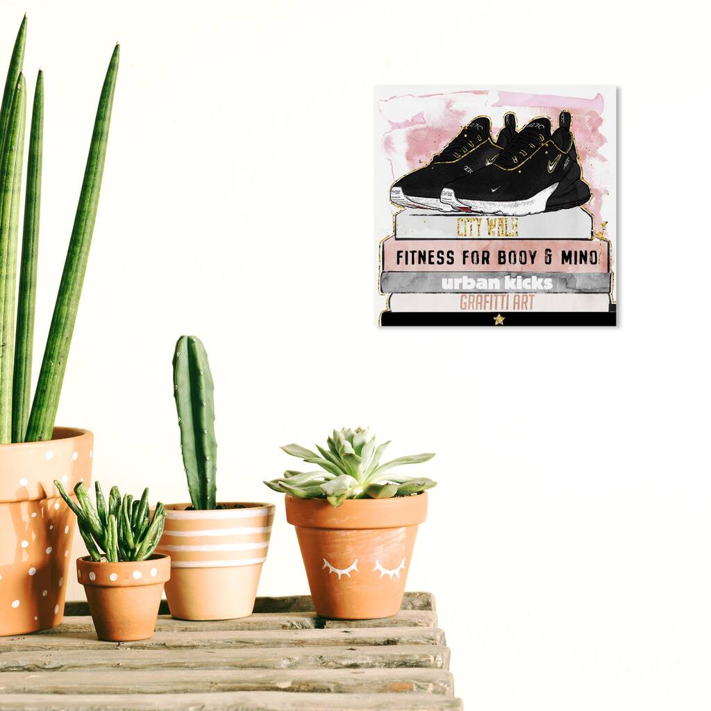 Wynwood Studio Canvas Fashion and Glam Sporty Shoes on Books Black and Modern & Contemporary Wall Art Canvas Print