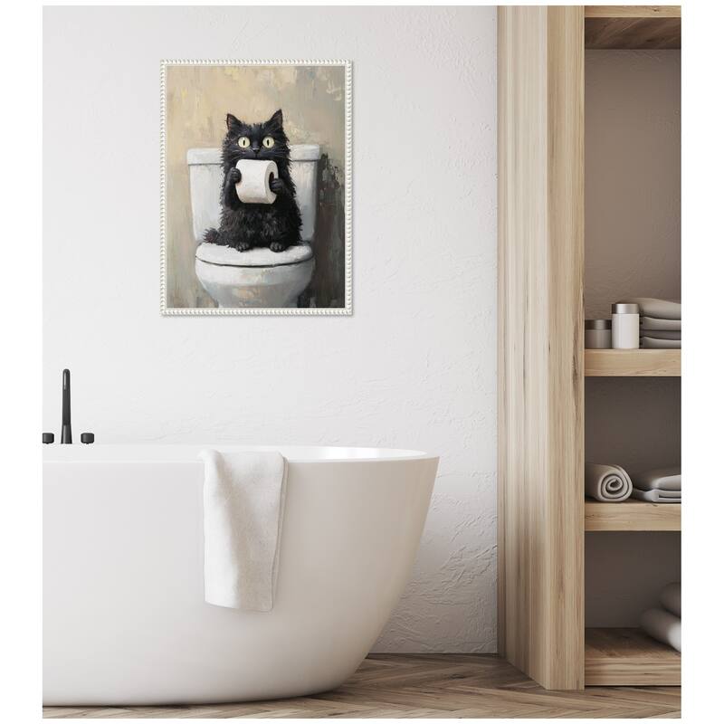 Kate and Laurel Sylvie Funny Black Cat Toilet Paper Roll Toilet Bathroom Art Framed Canvas by The Creative Bunch Studio