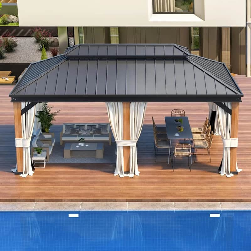 Premium Outdoor Gazebo Pergola with Galvanized Steel Roof, Wooden Coated Aluminum Frame, Privacy Curtains, and Nettings Included