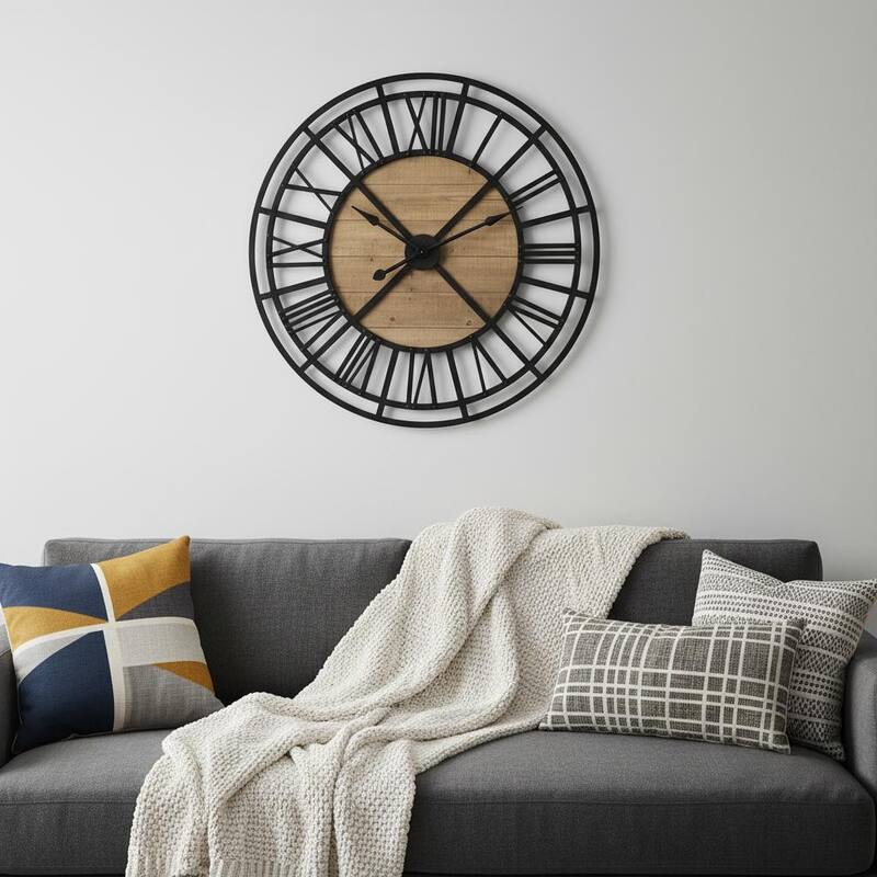 HomeRoots 42" Black And Natural Iron And Wood Analog Round Wall Clock - 42.13 in. x 42.13 in. x 2.56 in. - 42.13 in. x 42.13 in.  x 2.56 in.