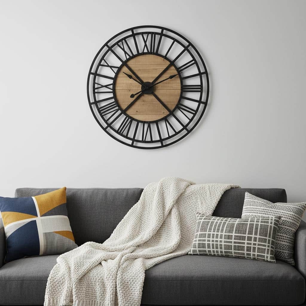 HomeRoots 42" Black And Natural Iron And Wood Analog Round Wall Clock - 42.13 in. x 42.13 in. x 2.56 in.