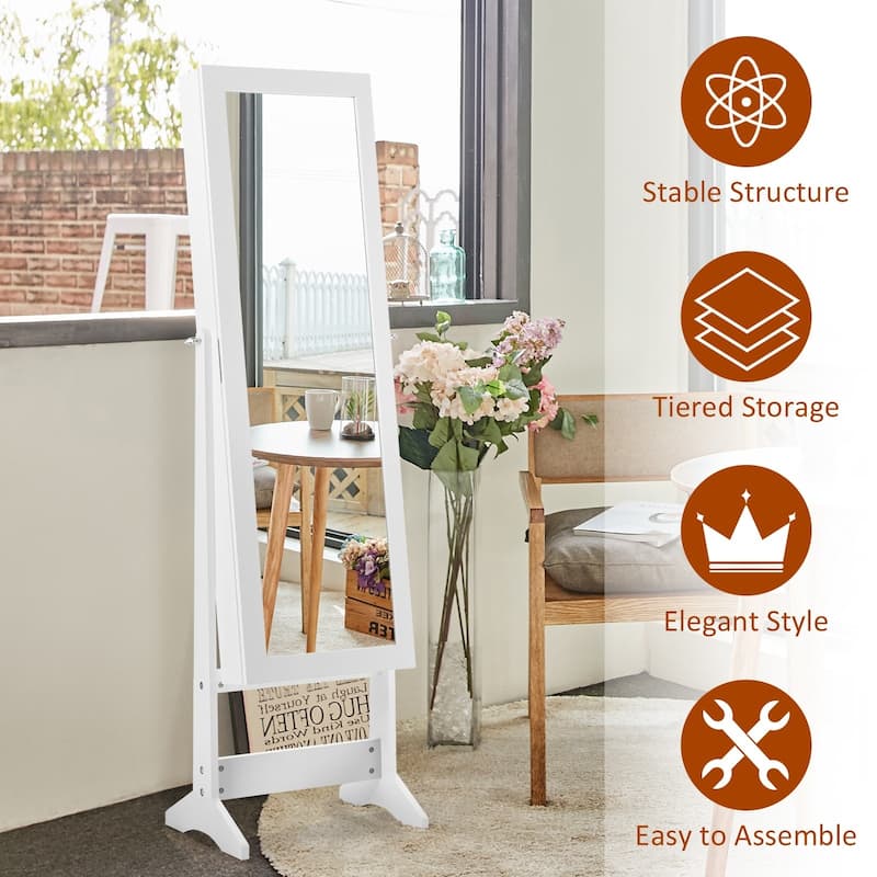 Mirrored Standing Jewelry Cabinet Storage Box-White - 13" x 14.5" x 56" (L x W x H)