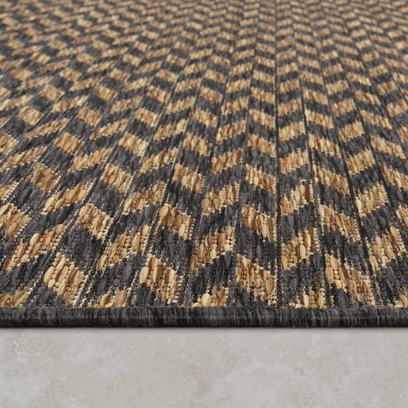 Indoor & Outdoor Rug with Boho Herringbone Pattern in Black and Brown