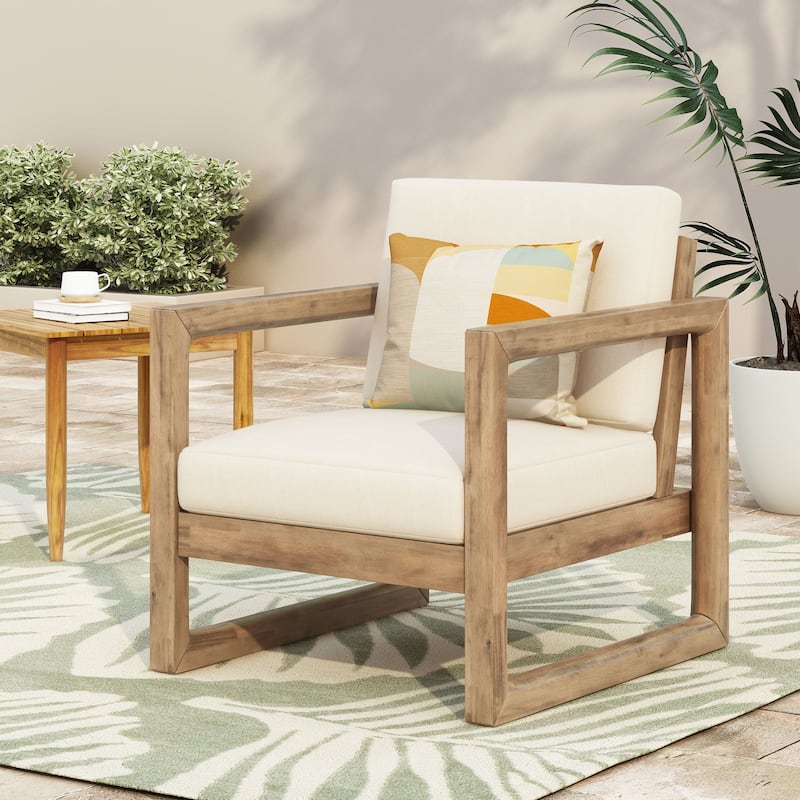 Outdoor Acacia Wood Club Chair with Cushions, Brown and Beige, 29.5'' D X 27.5'' W X 31.5'' H