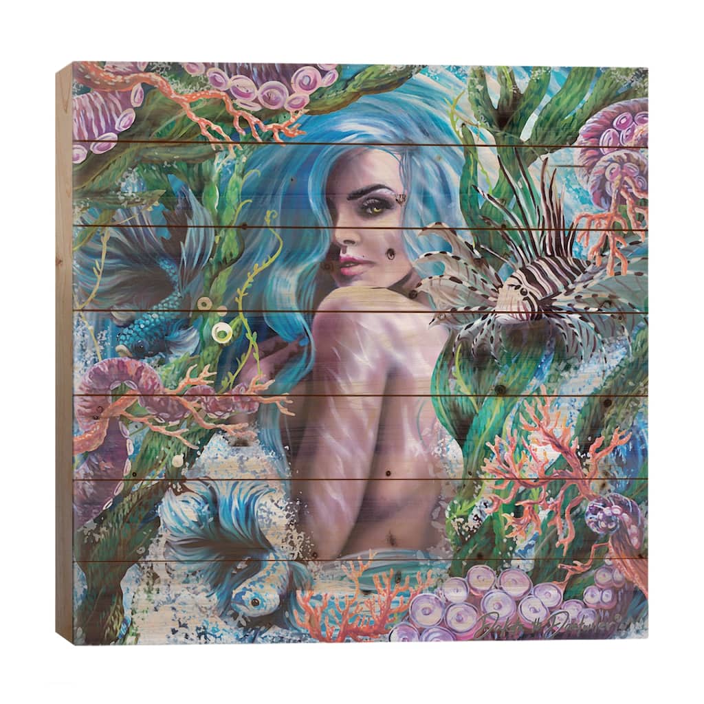 Glass Mermaid Print On Wood by Dakota Daetwiler - Multi-Color